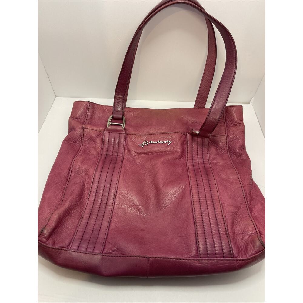 B. Makowsky Merlot Leather Purse Large Shoulder Tote Bag Silver Hardware